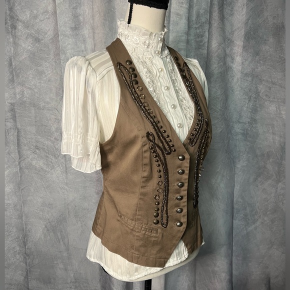 LUCY PARIS Brown Steam Punk Victorian Style Vest with Brass Look Buttons & Beads - Picture 12 of 14